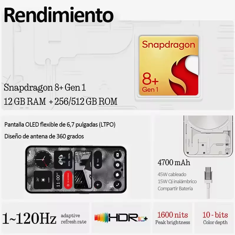Teléfono Móvil Nothing Phone (2), 12GB+256GB, Snapdragon 8+ Gen 1, 6.7″ flexible LTPO OLED, 50MP Main Camera, 4700mAh Battery, Nothing OS 2.0 4