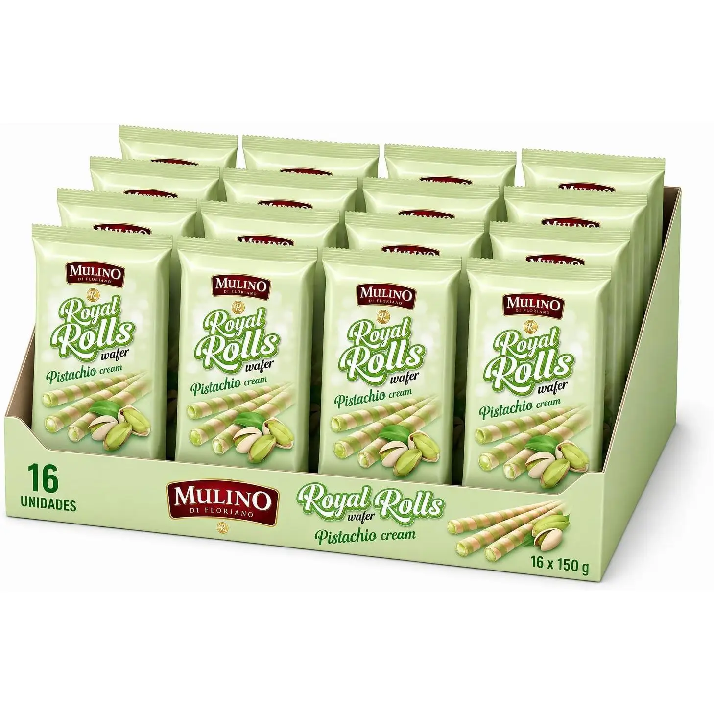 Mulino Royal Rolls Wafer Pistachio Cream Pack de 16 | Galletas Wafer Crujientes con Crema de Pistacho | Snack Dulce Gourmet para Café y Meriendas