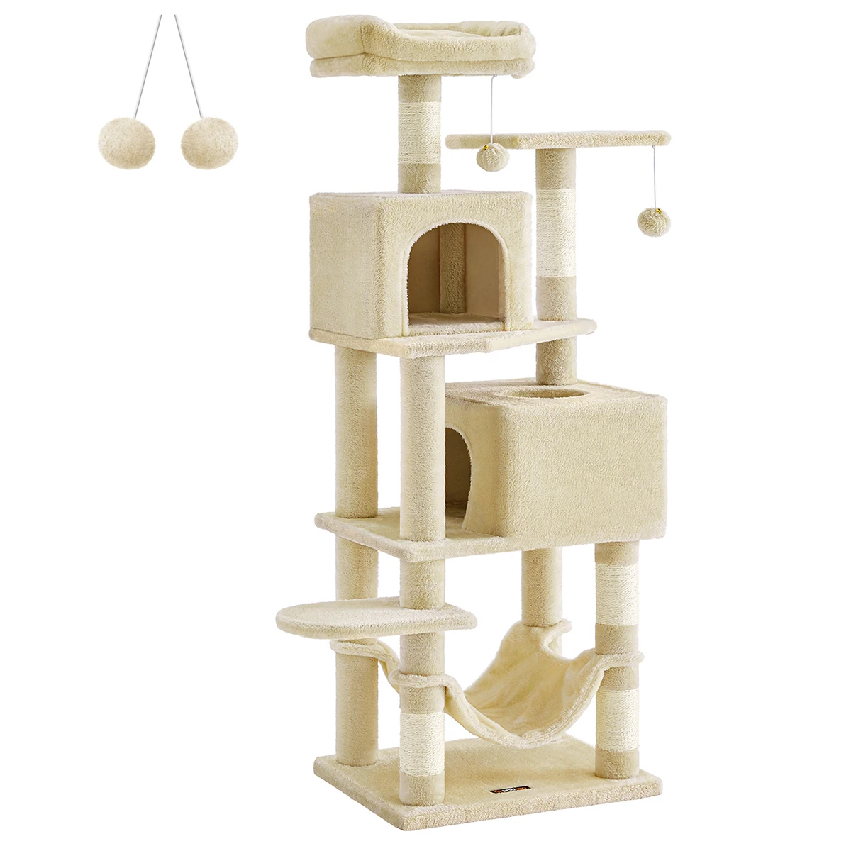 Feandrea Árbol para Gatos de 155 cm de Altura, Rascador para Gatos con 5 Postes, 2 Plataformas, 2 Cuevas, Hamaca, 2 Pompones, Felpa Multicapa, Beige/Gris Ahumado/Gris Claro