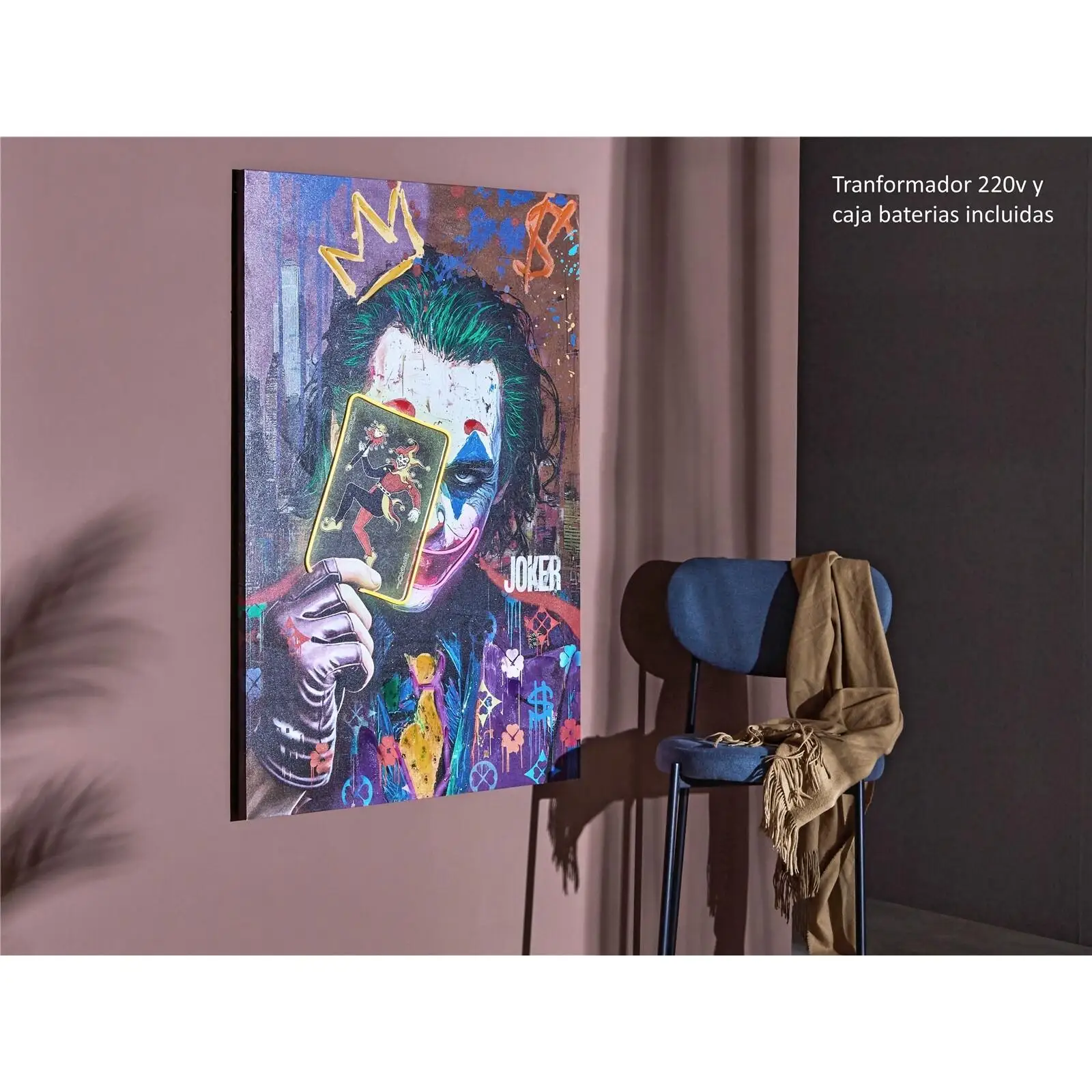 Lienzo impr. pop art joker 50% oleo c/led 80x120 cms. 80x3x120 cms. El mejor complemento para tu hogar.