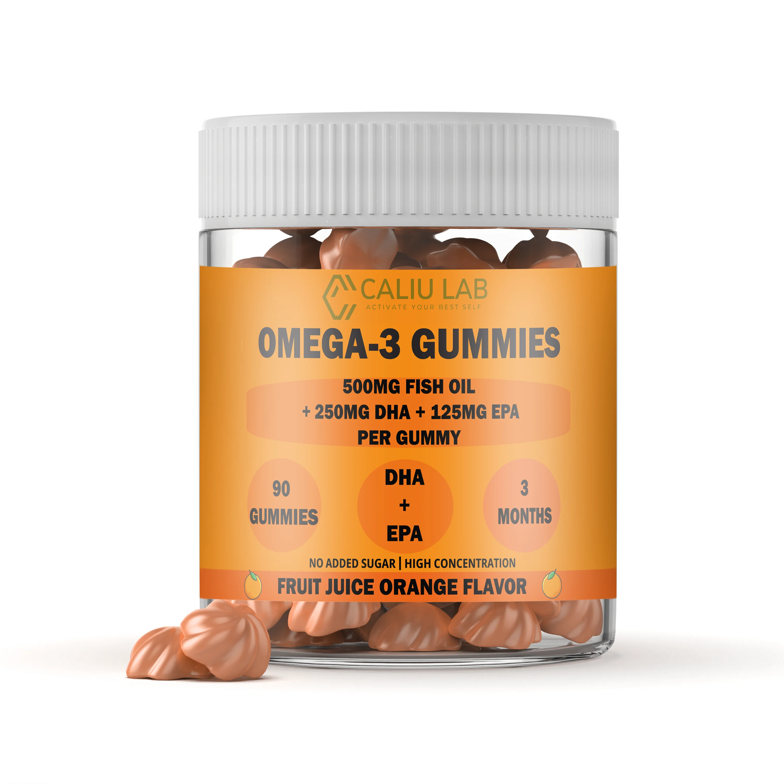 Omega-3 gummies +500 mg fish oil +250 mg dha +125 mg epa - brain, eye, cardiovascular health - orange flavor - 90 gummies - 3 months - maximum concentration of omega 3 fatty acids epa and dha #1