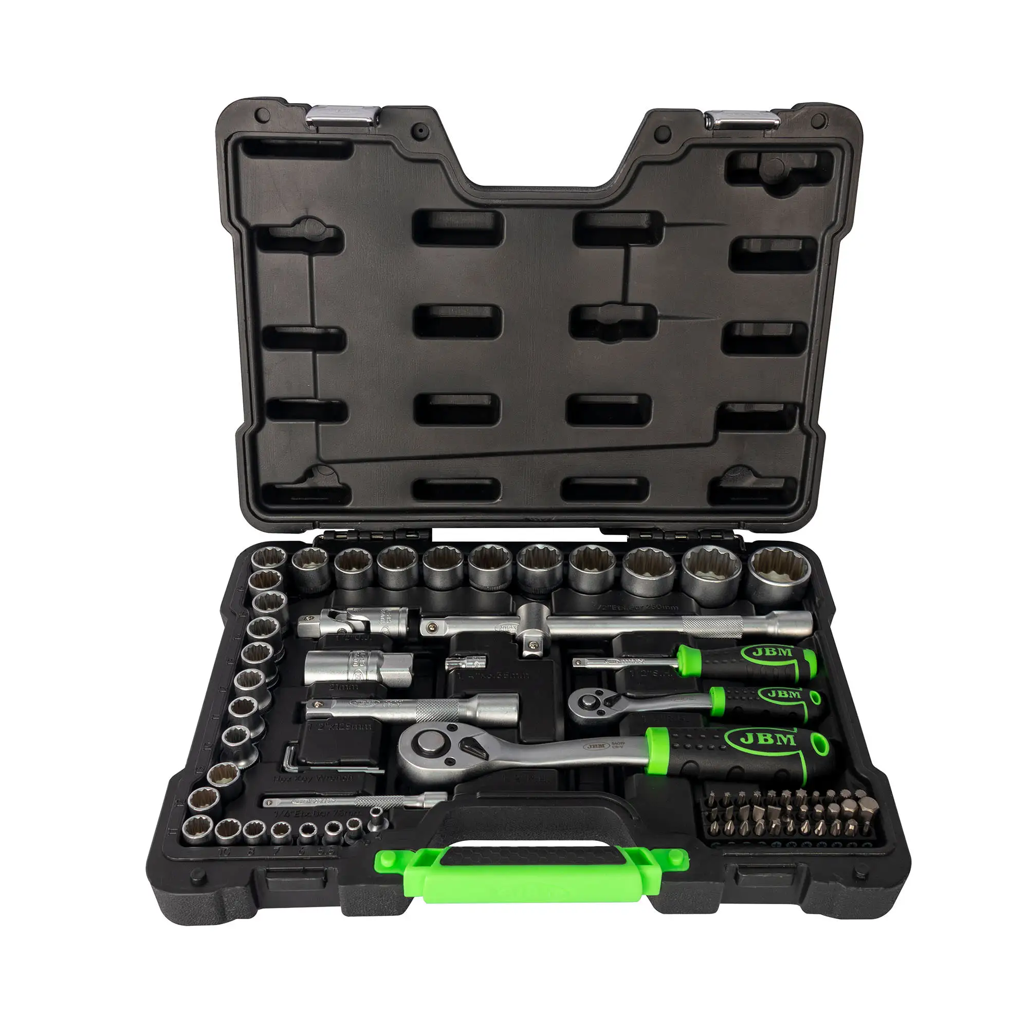 Jbm tool case model 53074 of 74 pieces with 12-edge 1/2"" and 1/4" zinc-plated sockets - complete set of manual tools for the home. Motorcycle, car and engine, excellent price
