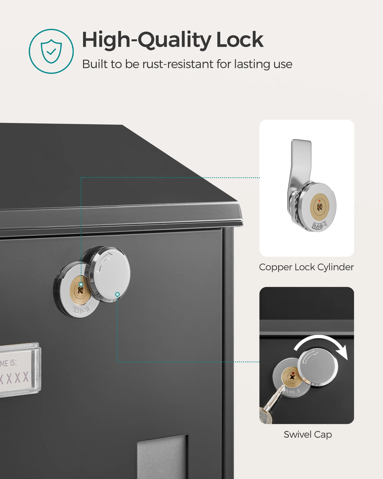 Songmics - modern wall mailbox, with viewing windows, identification plate, lock with copper core, easy to install, black