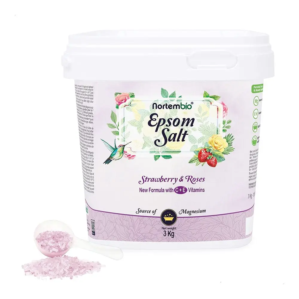 NORTEMBIO Sales de Epsom 100% Fragancia  Fresa y Rosas 3Kg | Fuente concentrada de magnesio | Hidratada con Vitamina C y E | E-Book Incluido
