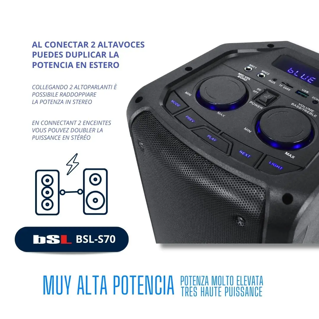 Bsl BSL portable speaker S70 - 60W RMS, Bluetooth 5.0, True Wireless, MP3, Radio, Karaoke