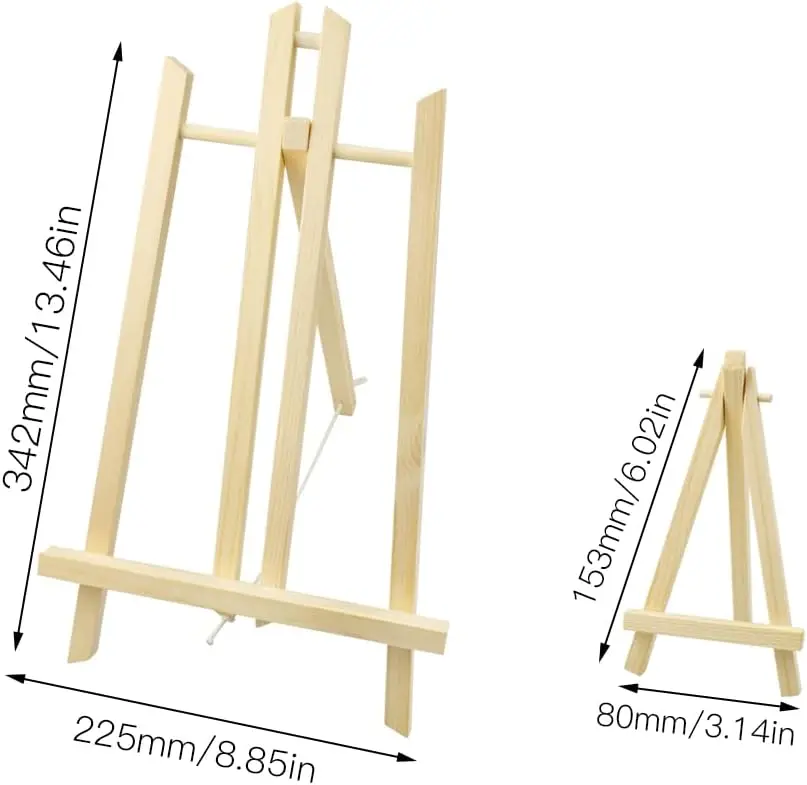 Wood easel sets for paintings, 1 easel 40x22cm + 5 Mini wooden trestles with 6 painting paint brush drawing paintings. Table Display easels for photos and arts