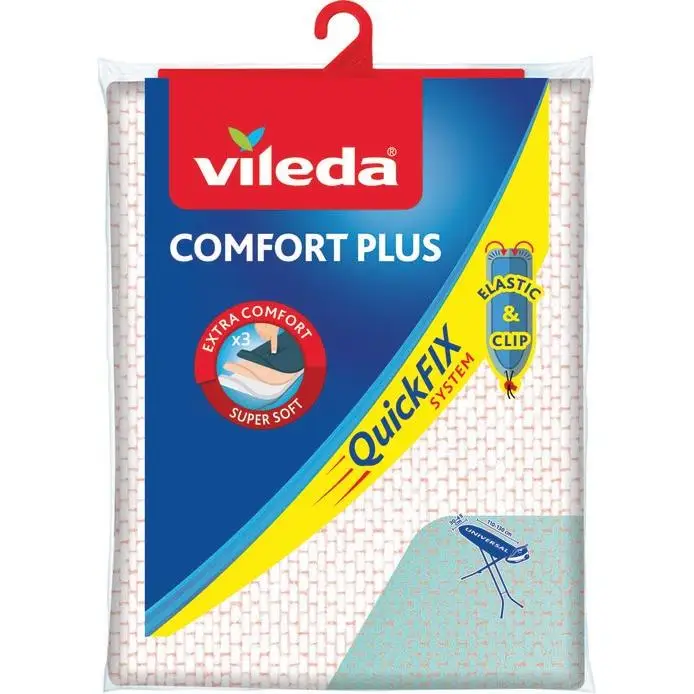 Vileda | Funda de planchar Comfort Plus | 3 capas extra gruesas (100% algodón, espuma y muletón | Sistema Quick&Fix con goma elástica y clip mejorado| Medida universal de 130 x 45 cm.