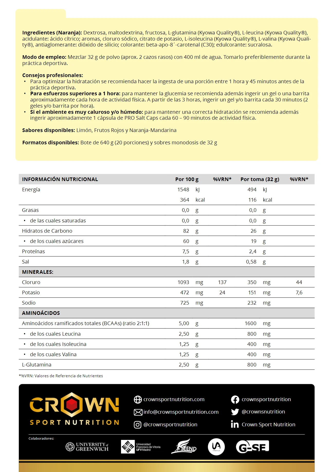 Crown - iso drink - various flavors - *640g 20 services* suitable vegans **premium isotonic with carbohydrates, salts and amino acids**