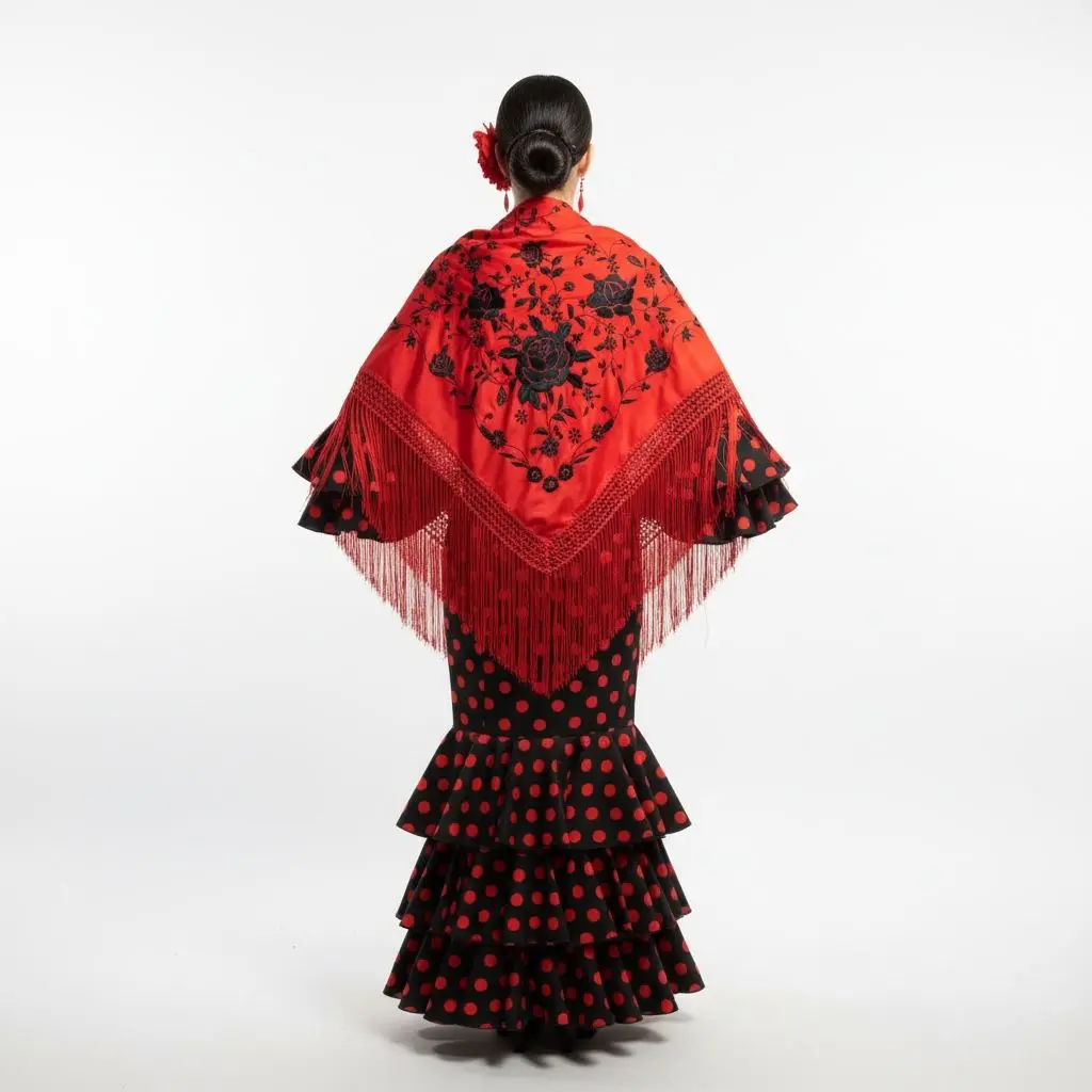 Manton de flamenco rojo con los bordados de flores negras