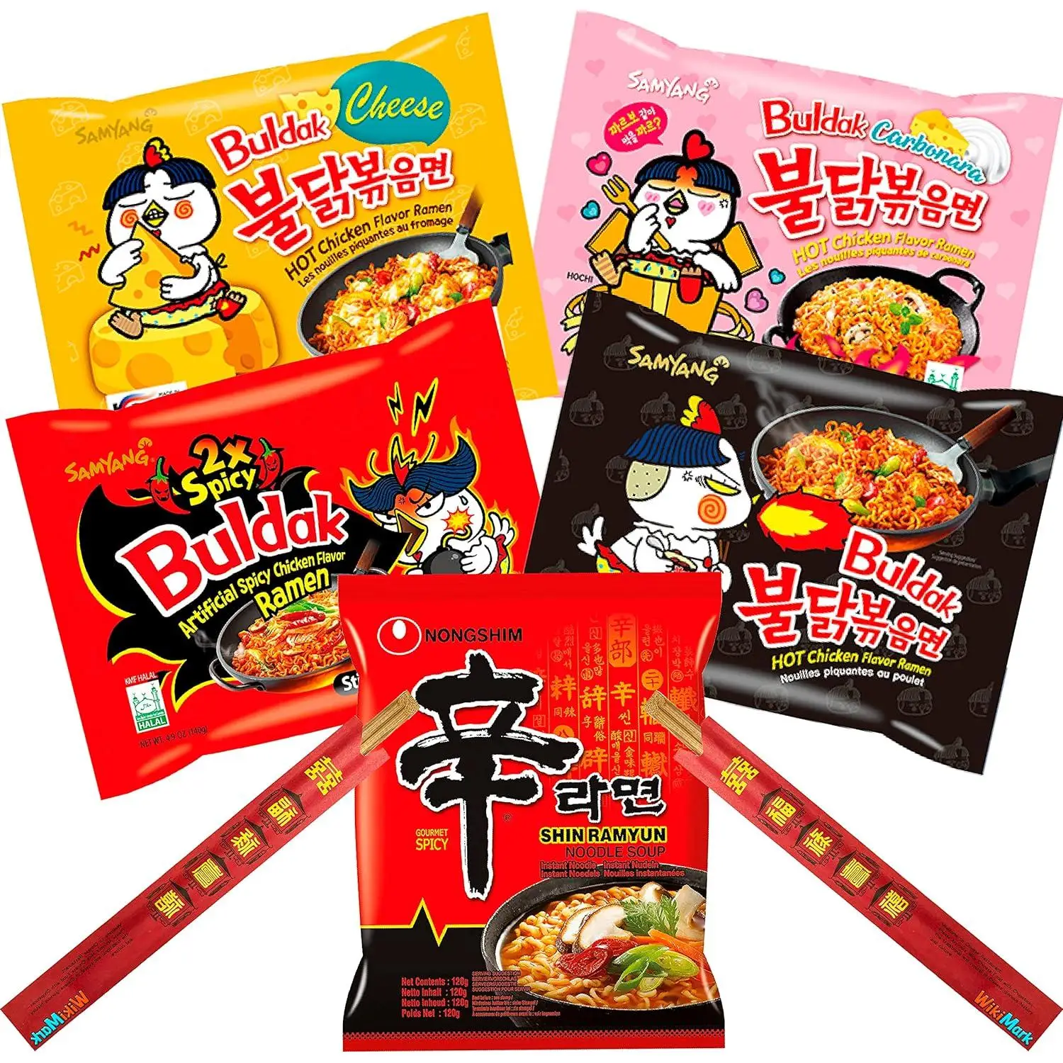 Assortment of 5 Ramen varied flavors and 2 WikiMark bamboo chopsticks. Includes, Nongshim Shin Ramyun Noodle Soup, Samyang Hot Chicken, Samyang 2x Spicy, Samyang Noodles Carbonara and Samyang cheese.