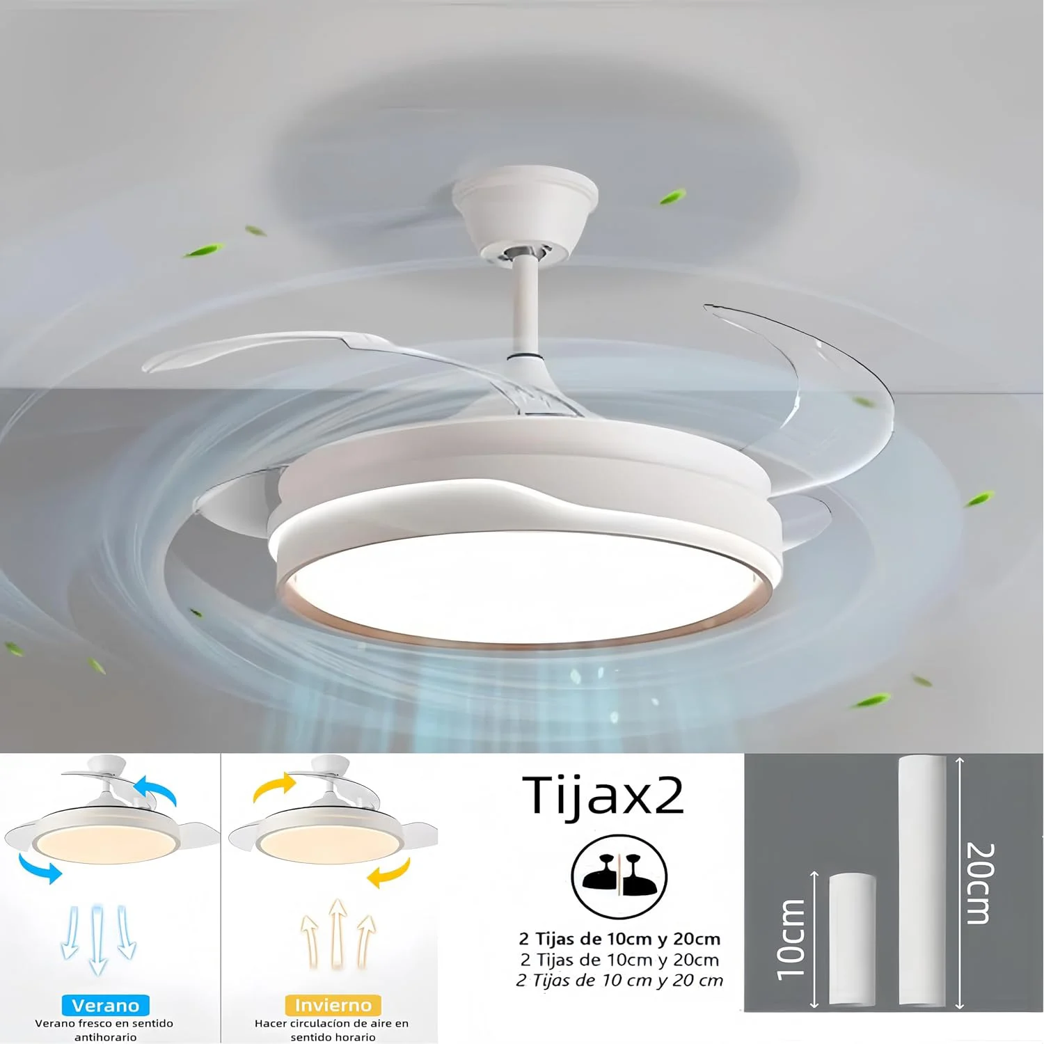 84 w lighted ceiling fan, ultra-quiet, invisible, with remote control and retractable blades, summer-winter function, integrated control, snow white energy class f ostark-leduni