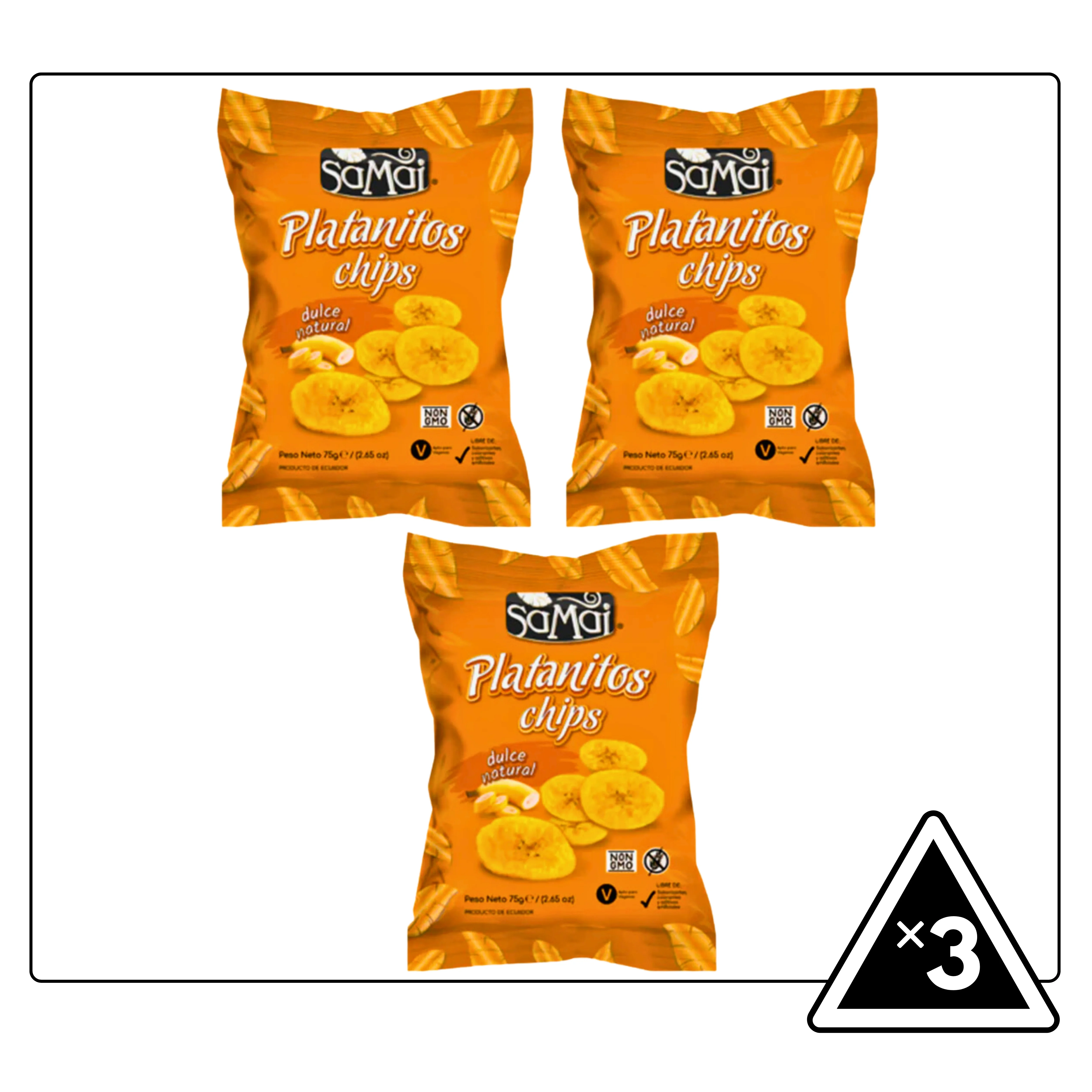 3 PACKAGE SAMAI PALATANITE CHIPS SWEET NATURAL FINE AND CRUJIENT TEXTURE WITHOUT GLUTEN 75G.ECUADOR