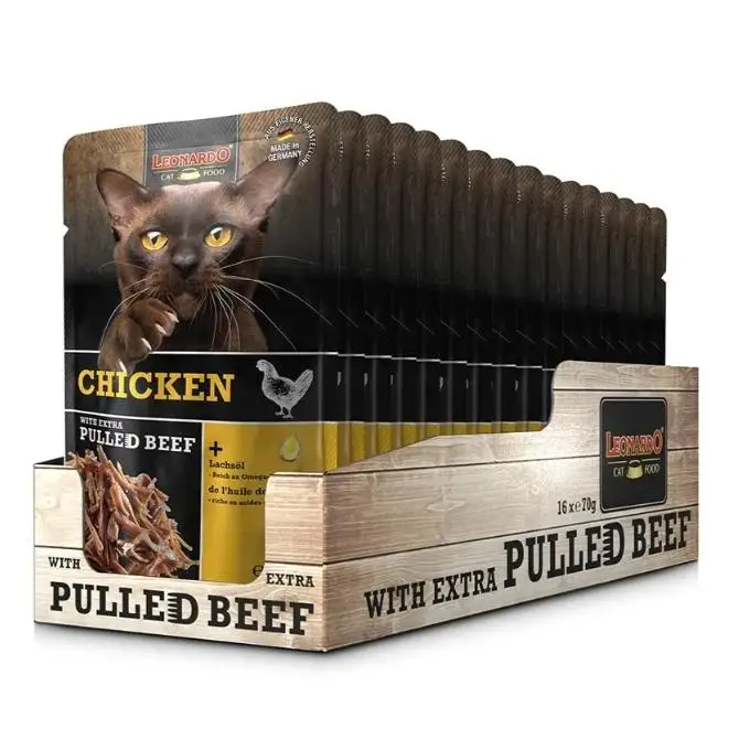 16 Sobres x 70 gr - Leonardo Sobre Pollo + Carne Extra Desmenuzada de Ternera para Gatos