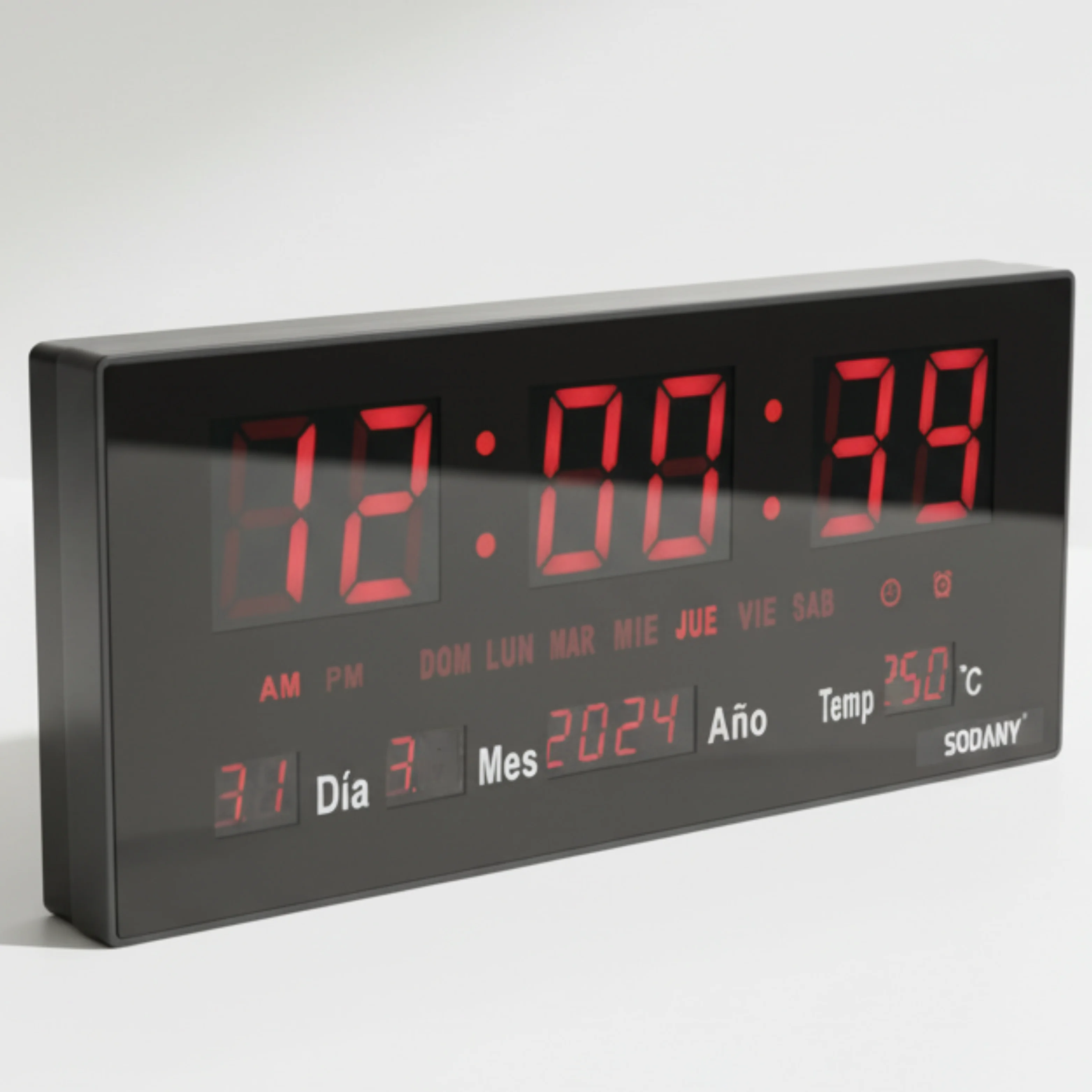 SODANY Reloj de Pared Digital LED Grande (36 cm), 8 Alarmas Programables, Calendario Completo y Temperatura