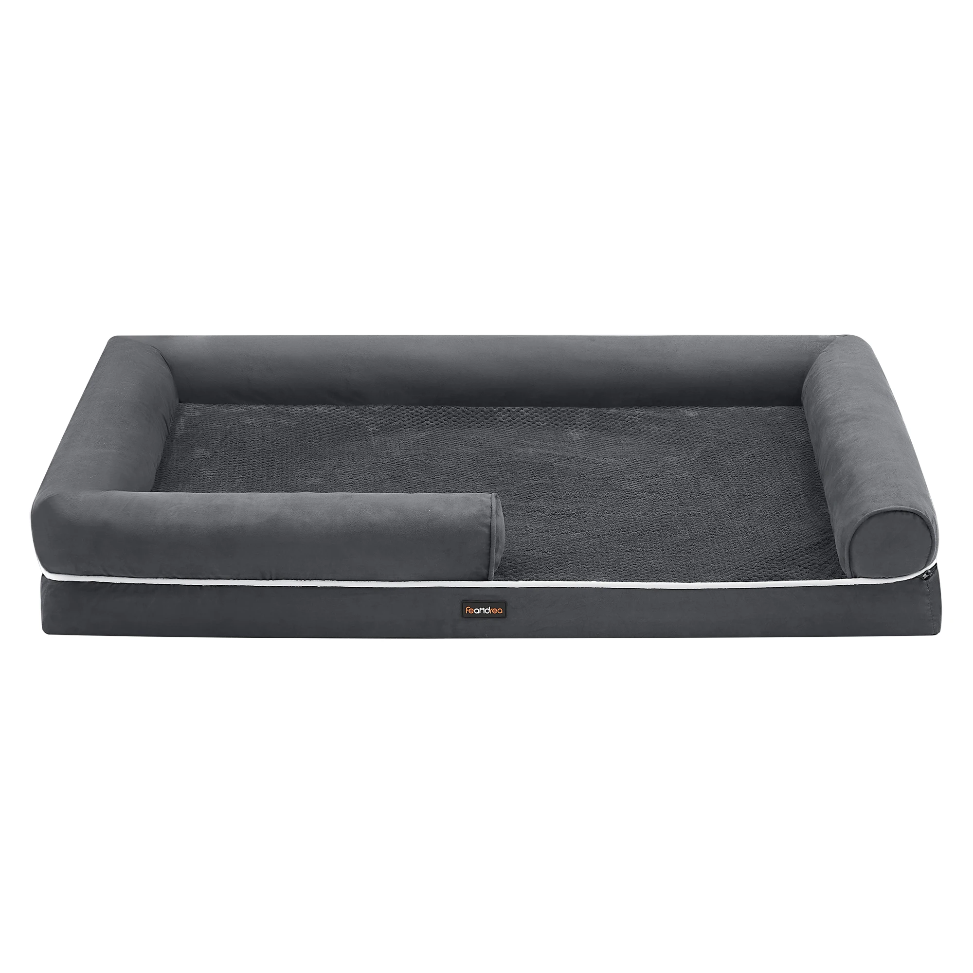 Feandrea Cama Ortopédica para Perros, Sofá, Cama para Mascotas, Acolchado Suave, Bordes Elevados, Funda Extraíble y Lavable, 135 x 107 x 25 cm, Antideslizante, Gris Osucro/Gris Claro