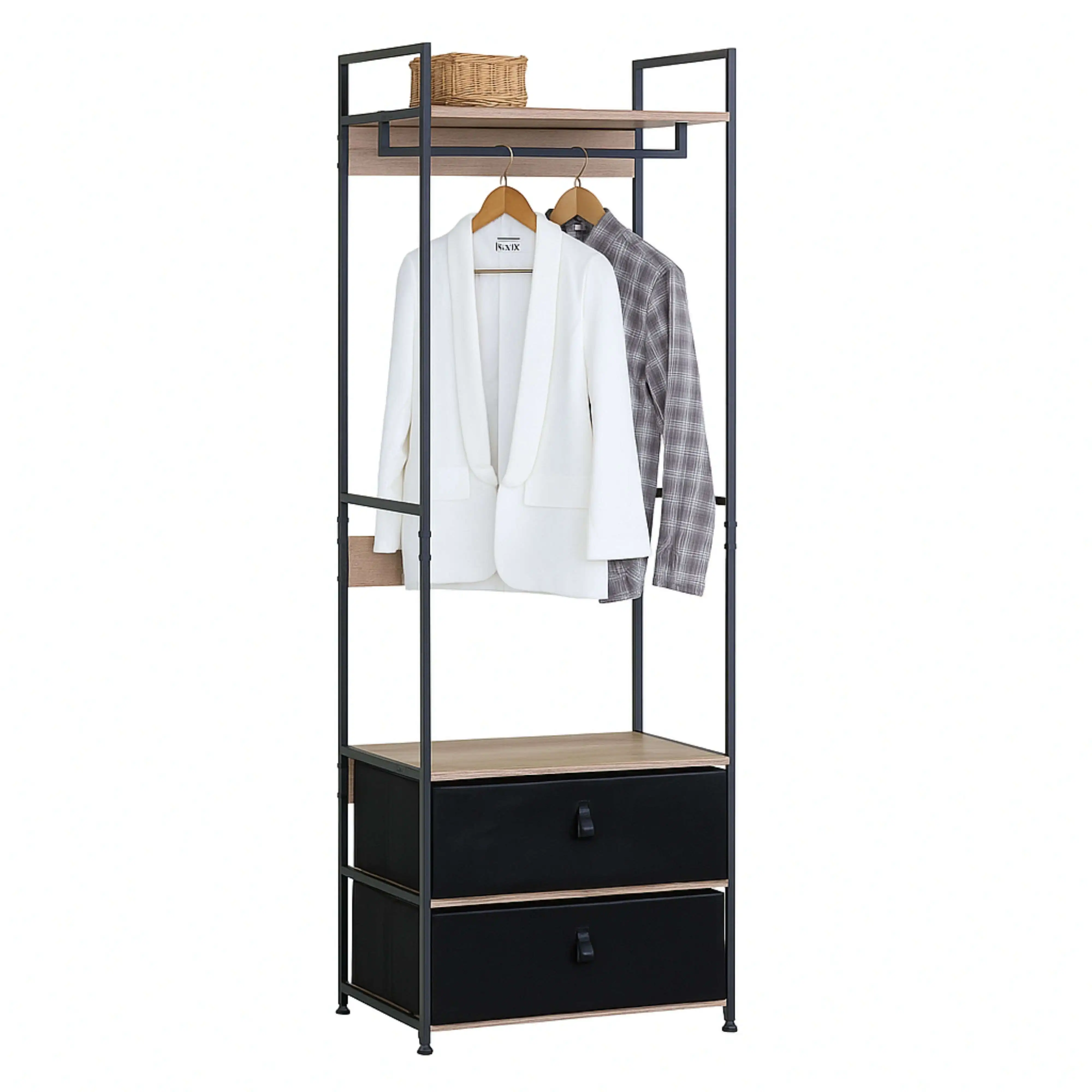 Miroytengo Armario Abierto, Perchero Dormitorio, Vestidor 2 Cajones Tela Lofi Barra Colgadora Roble Cambrian y Negro con Estante 60x175 cm