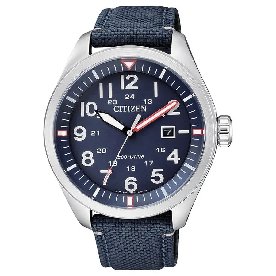 Citizen Analog Solar Men's Watch with Nylon Strap AW5000-16L, featuring a durable stainless steel case in grey, a blue nylon band, and a water resistance of 10ATM, perfect for sports and casual wear.