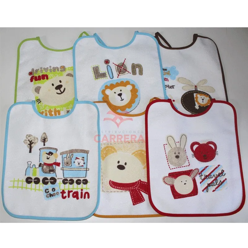Baberos para bebé, individual o pack 3 o 6 (seleccionar opción). 25x30cm de rizo, 100% ALGODÓN, Reverso plastificado, Ajustable del cuello con cinta de lazo, Absorbente, Estampados claros de animales,