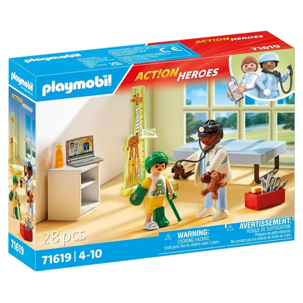 PLAYMOBIL Action Heroes de hospital 71619 Pediatra con Osito de Peluche, medico infantil, doctor para niños, con camilla, medidor, ordenador y muchos accesorios