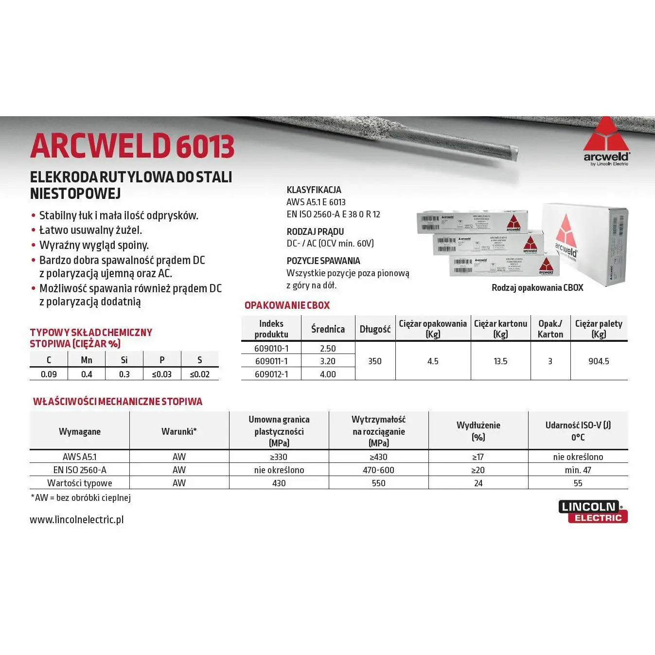 Electrodo de soldadura Lincoln Arcweld 6013 2,5 mm, 4,5 kg, ideal para acero dulce, soldadura por arco, alta estabilidad y fácil aplicación en múltiples posiciones.