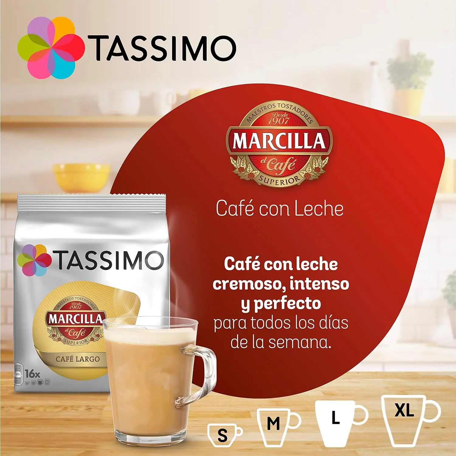 TASSIMO MARCILLA Café con leche capsules-5 packs of 16 capsules, 80 capsules of super coffee with milk