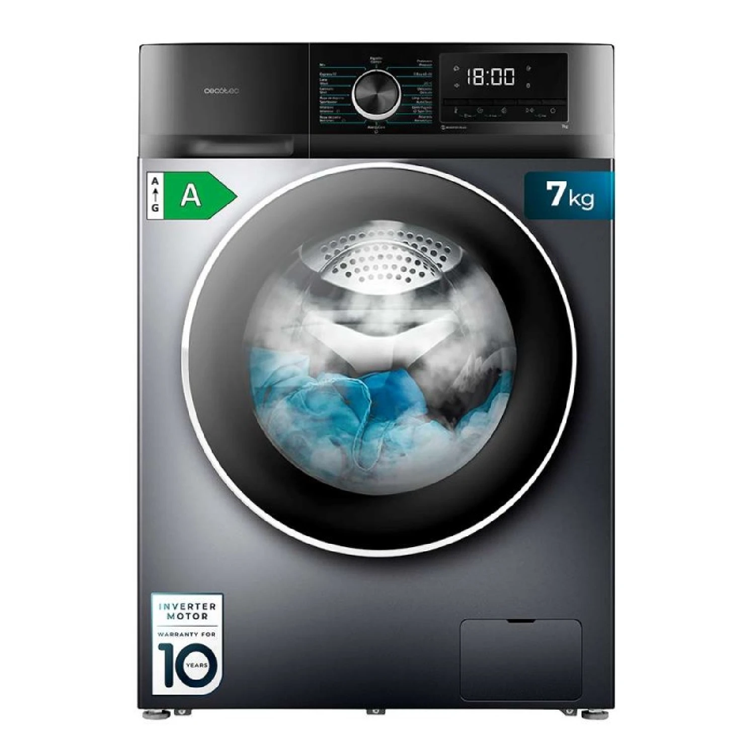Cecotec Lavadora 7Kg Bolero DressCode 7500 Inverter Steel A. 16 Programas, Baso Consumo, Motor Inverter plus, SteamMax
