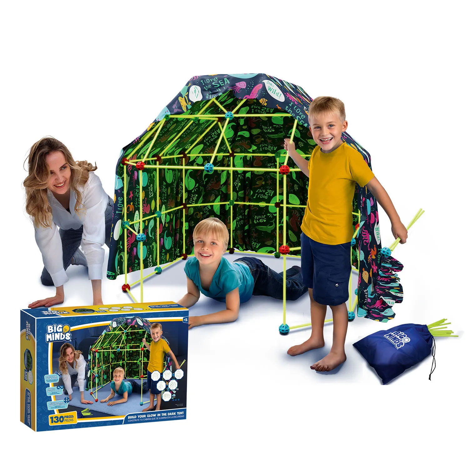 Cabaña Infantil para Niños - Big Minds  Construcciones Niños 130 Piezas, Brilla en la Oscuridad, Infinitas Formas de Juego, Ideal para Niños de 5 Años  Casita de Juguete Exterior  Cabañas para Niños