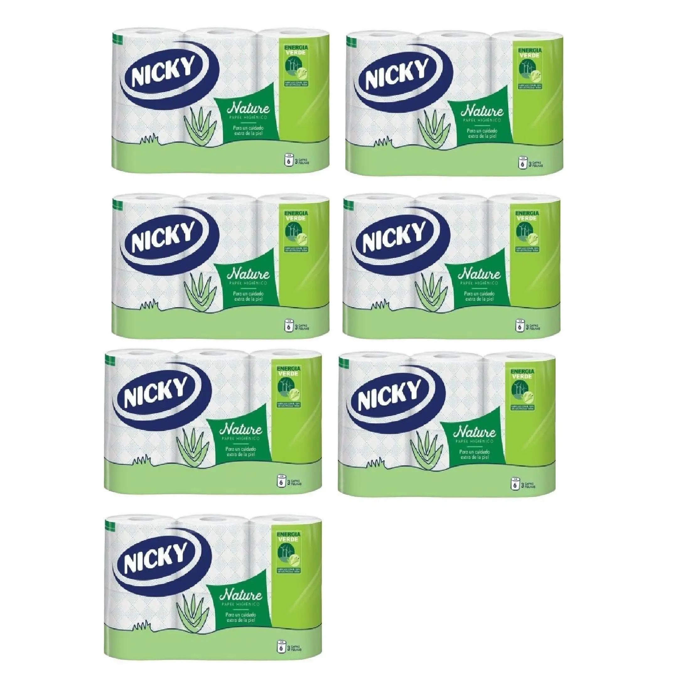 ​42 ROLLOS Papel Higiénico Nicky Nature Aloe Vera - Pack 7 x 6 Rollos - 3 Capas Máxima Suavidad - Formato Ahorro Familiar XXL
