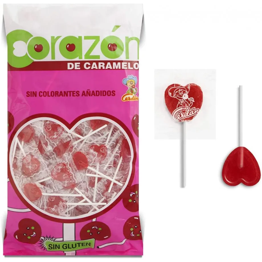 Cerdan Lollipop heart-Hard Candy with stick without Gluten and allergens Ideal for parties, events and birthday-bag 200 units