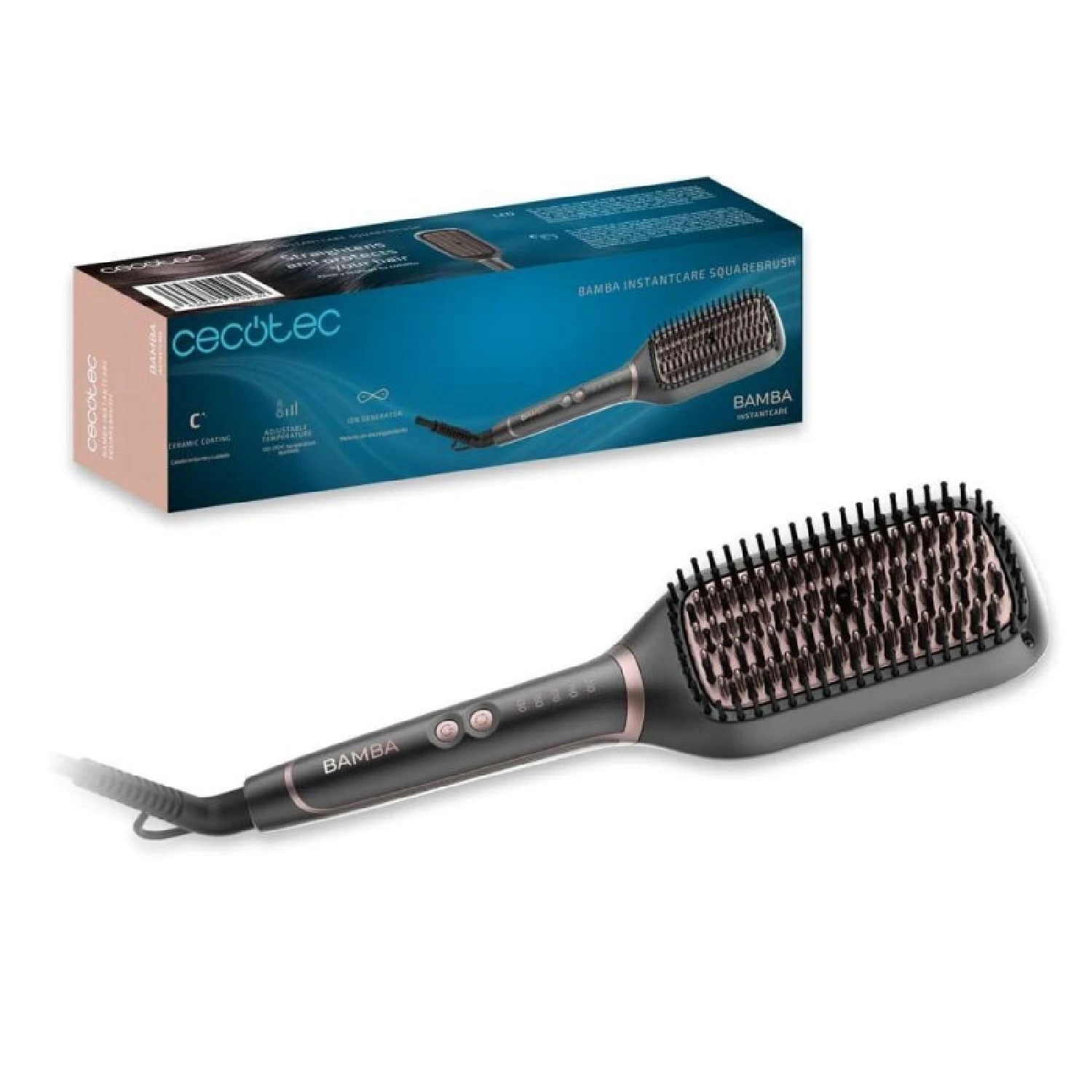 Cecotec Cepillo Alisador Eléctrico - Forma Cuadrada InstantCare SquareBrush. 50W, Temperatura Regulable (130-210ºC)