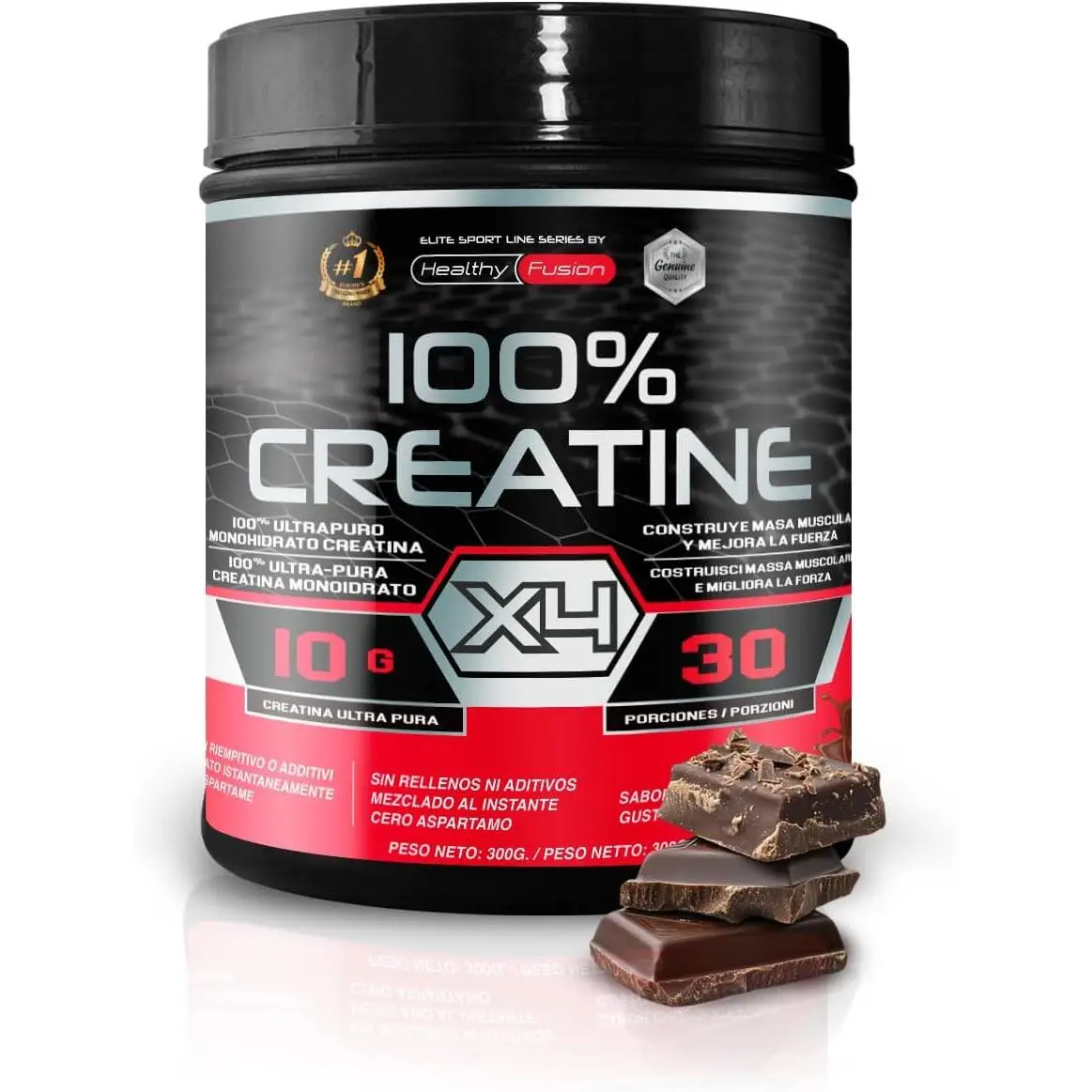 Healthy Fusion 100% Creatina Monohidrato, Alta dosis | 10gr de Creatina por toma | Promueve el crecimiento muscular y mejora la resistencia física | Alta solubilidad | 300g sabor chocolate