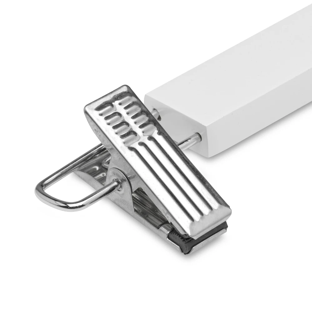 Wooden hanger with adjustable clips in white and natural color, featuring a 360° swivel hook, perfect for organizing pants and skirts in your wardrobe. Ideal for space-saving and easy access to clothes. #4