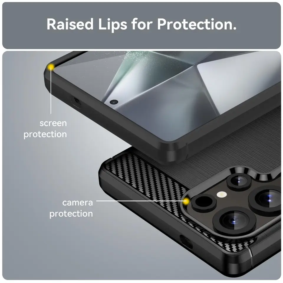 Funda de silicona para Samsung Galaxy S25 Ultra, alta protección e inserciones de imitación de fibra de carbono negra 2