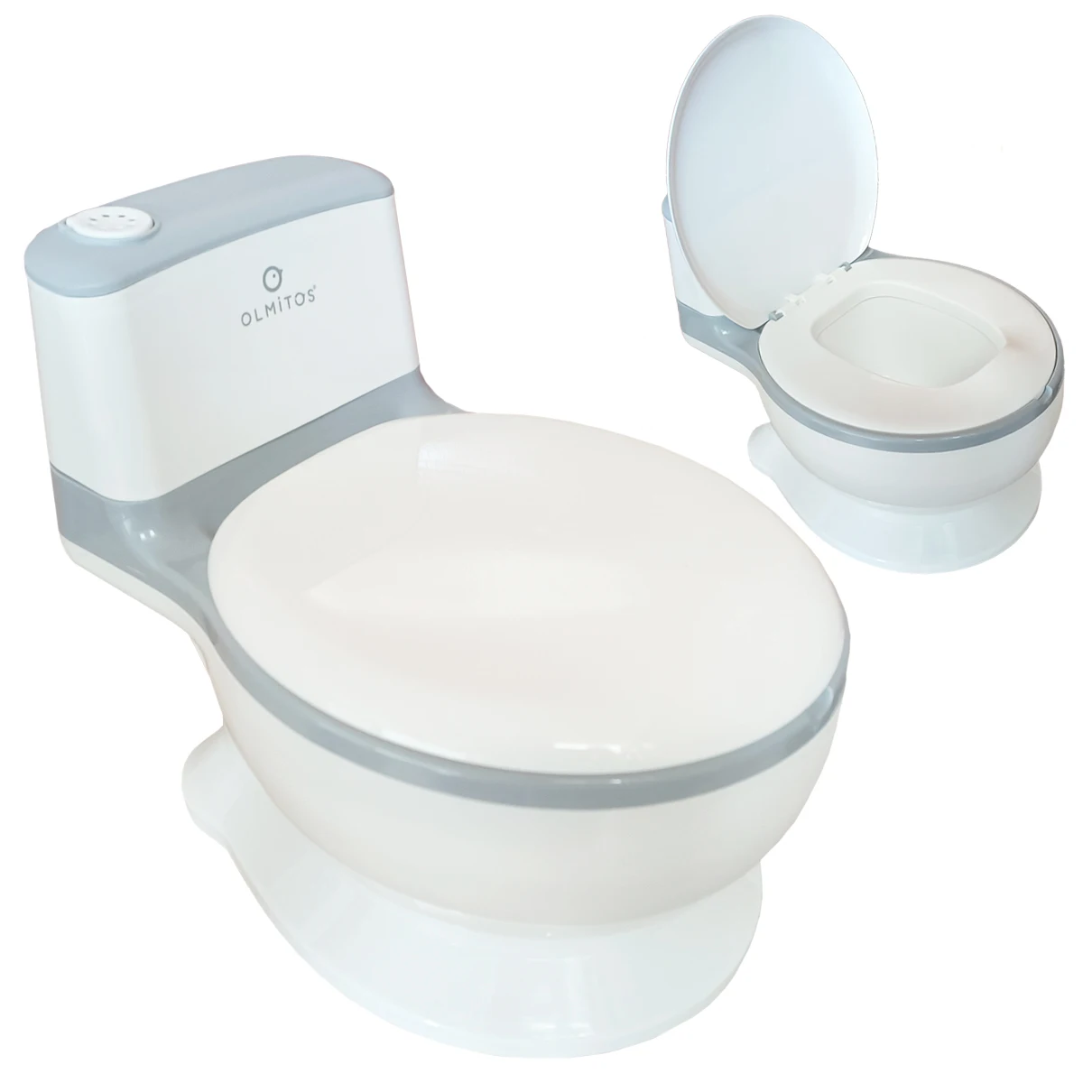 Olmitos – Orinal para bebé WC Infantil Blanco - Con portarrollos interior para el papel y botón con sonido de descarga – Antideslizante con vaso interior extraíble, aprende a ir al baño