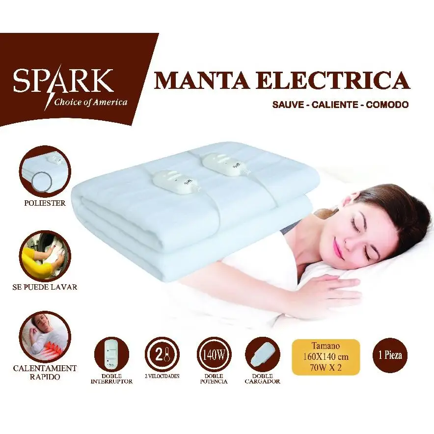 SPARK - MANTA ELÉCTRICA PARA CAMA DOBLE 160*140 CM POTENCIA 70W*2 DOLORES FRÍO LESIONES CUELLO CERVICALES ALMOHADILLA DE CALOR CALIENTA CAMAS TÉRMICO