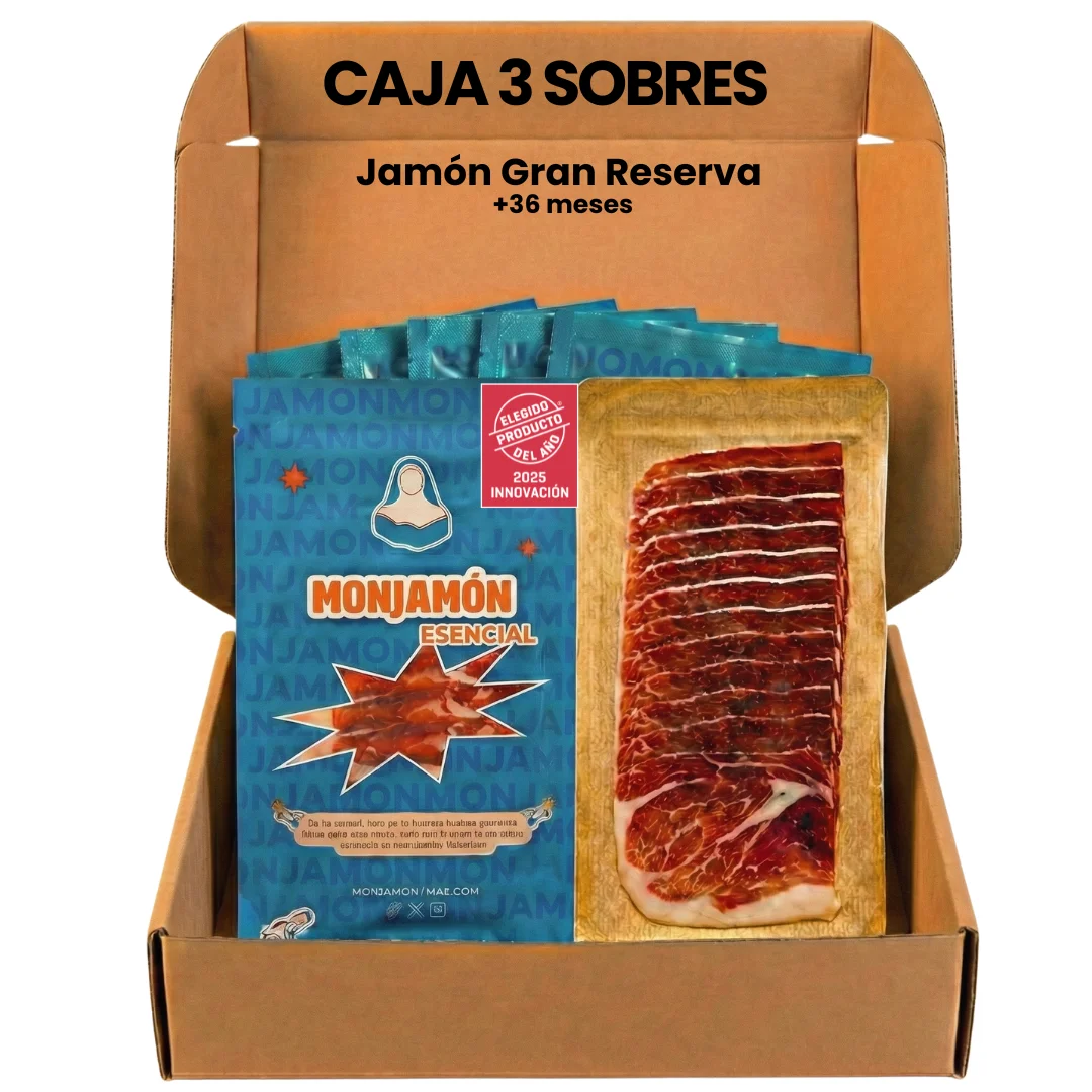 3 SOBRES DE JAMÓN GRAN RESERVA 24 MESES MONJAMON | ELEGIDO PRODUCTO DEL AÑO  2025 | Ibérico fuera de norma | 80g/ud |240gr/total | Producto Artesanal  Curación Tradicional