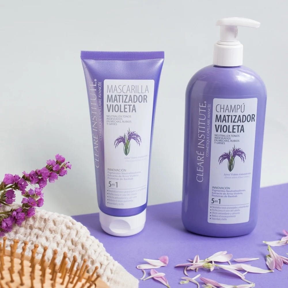 Clearé Institute Violet Toning Mask 5 in 1, 200 ml for blonde, highlighted, or gray hair, neutralizes unwanted orange tones, revitalizes with 98% natural ingredients, enhances shine, and reduces frizz for smooth, beautiful hair.