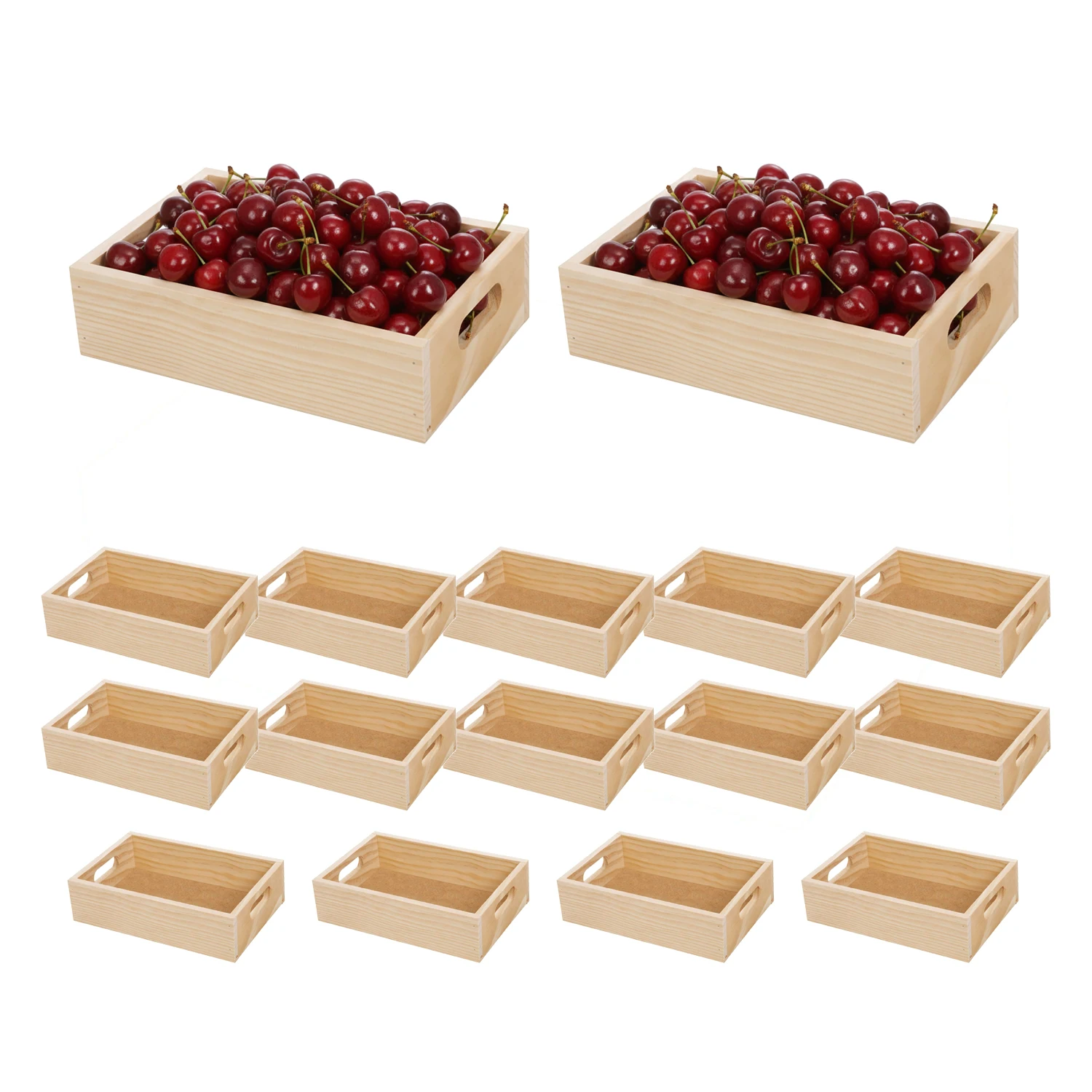 Cajas Decorativas de Madera de Pino Natural. Tamaño 22x15x6 cm. Pack de 8 o 16 Cajas con Asas. Para Guardar Objetos o como Adorno y Diseño del Hogar o Jardín