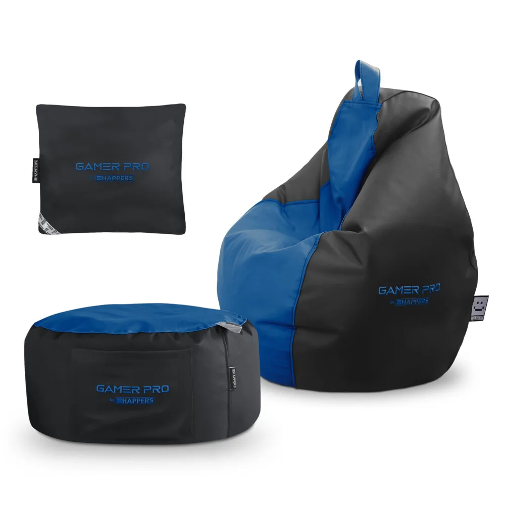 Pack Gamer Azul: Puff Gamer PRO + Reposapies + Cojín HAPPERS - Cómodo, ligero y resistente. Make it Happers®