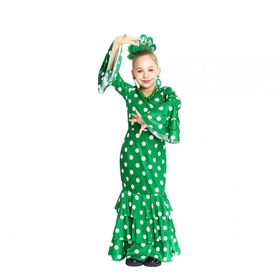 Parland green Sevillana costume with white polka dots for girl