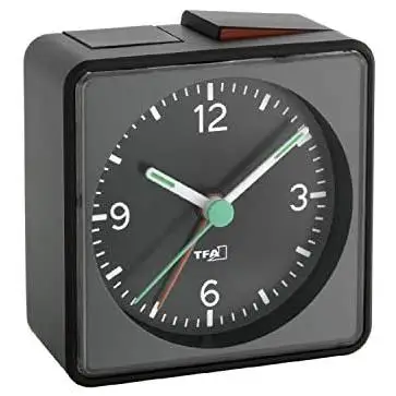 TFA-Dostmann 60.1013.01 Black Alarm Clock with Snooze Function, Analog Display, Battery-Powered, Backlit, Dimensions 70 x 37 x 70 mm, 83 g Weight, Radio Alarm Clock for Easy Wake-Up