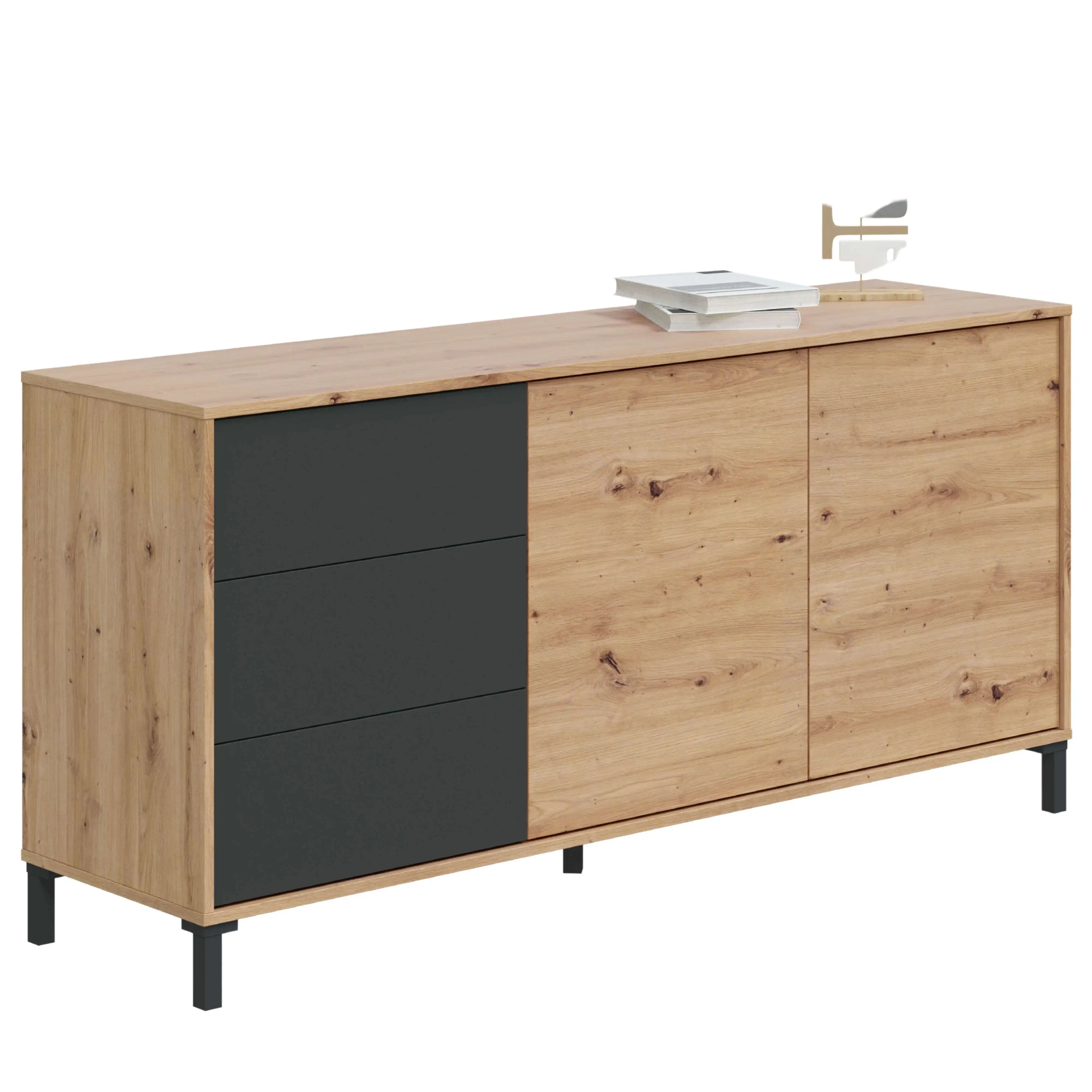 Miroytengo Aparador de Salón Comedor Booklyn 2 Puertas 3 Cajones Color Roble Nodi y Gris Antracita Estilo Industrial
