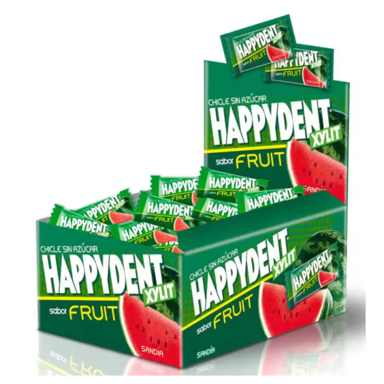 Happydent Sin Azúcar Sabor Menta, Fresa, Hierbabuena, Clorofila,Sandía  - Caja de 200 Chicles