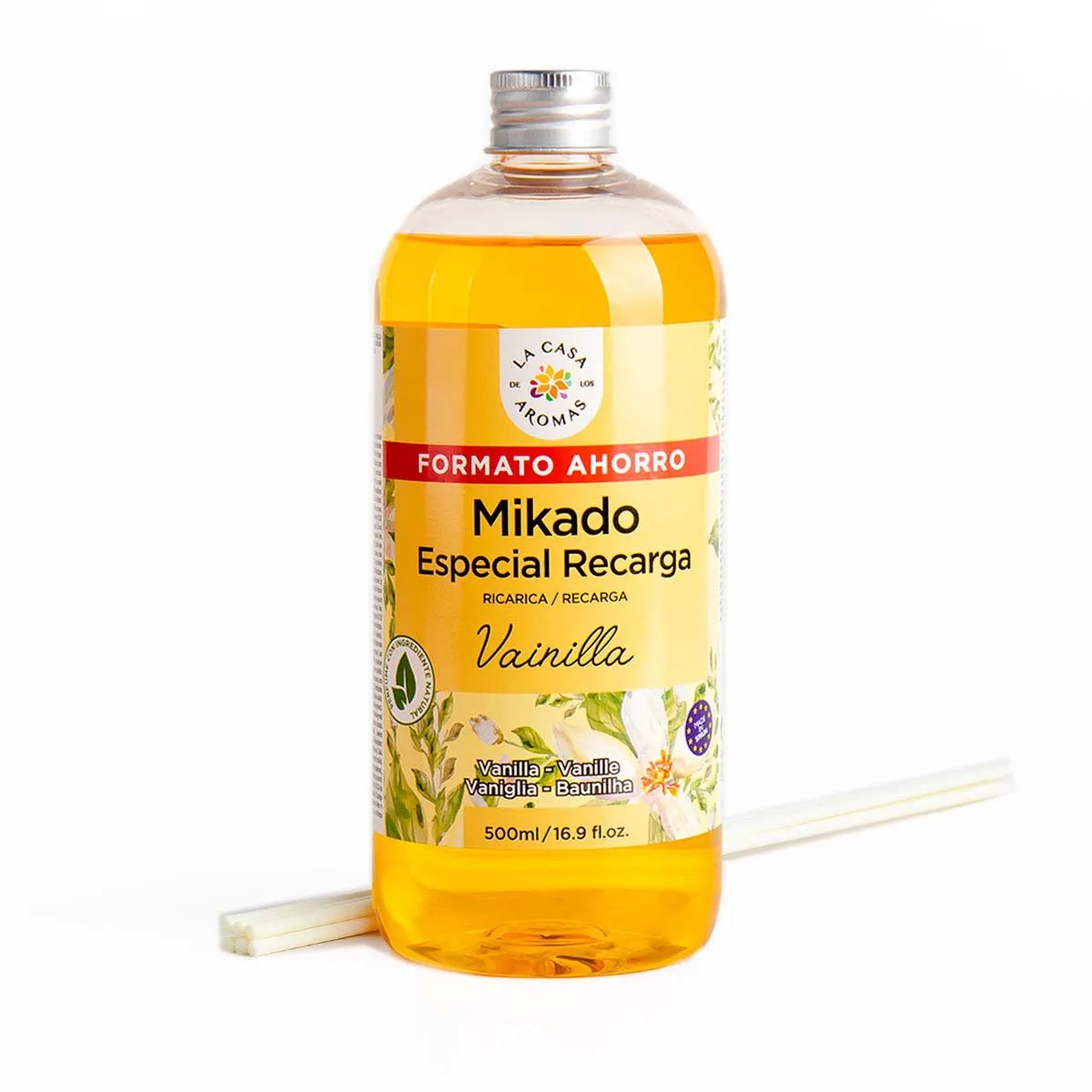 La Casa de los Aromas ambientador Mikado Reposicion VAINILLA botella 500ml incluye palitos de recambios.Ambientador Fragancia duradera Calidad Casa Aromas garantizada