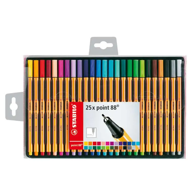 Stabilo point 88 pack de 25 rotuladores de punta fina de fibra - trazo de 0.4 mm - tinta con base de agua - colores surtidos