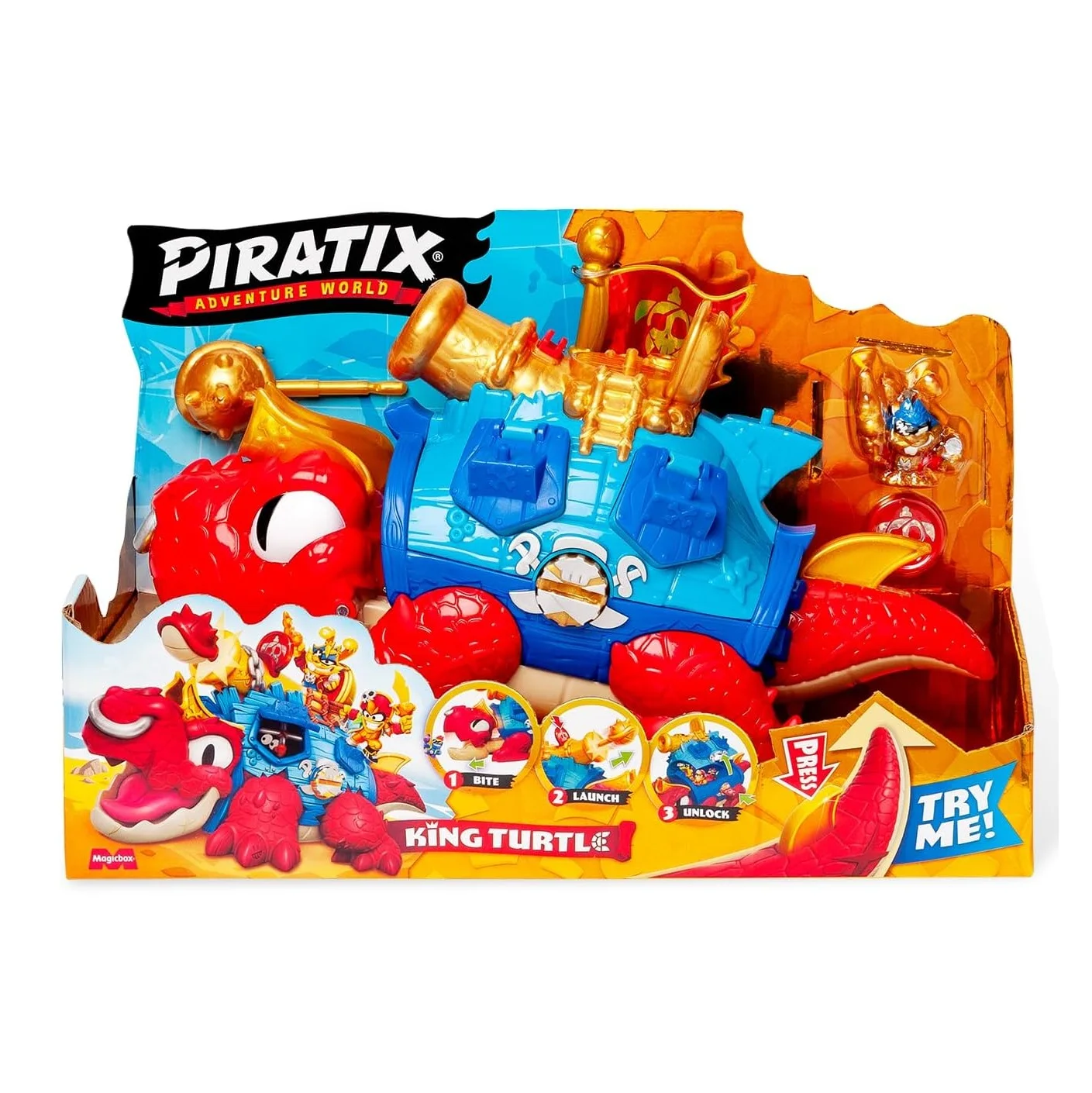 PIRATIX King Turtle – Tortuga articulada para capturar Piratix y con un cofre para guardar tesoros. Contiene 1 cocodrilo,1 tesoro exclusivo, 2 tesoros dorados extras, 1 Piratix exclusivo y 1 accesorio