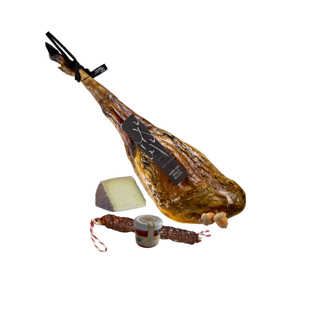 Jamón Ibérico de Bellota 100% Ibérico, Pata Negra, Aprox. 8-8,5 kg, con Chorizo o Salchichón de Bellota y Cuña de Queso de Oveja+miel natural de encina, Marca Guiju.Certificado brida negra.