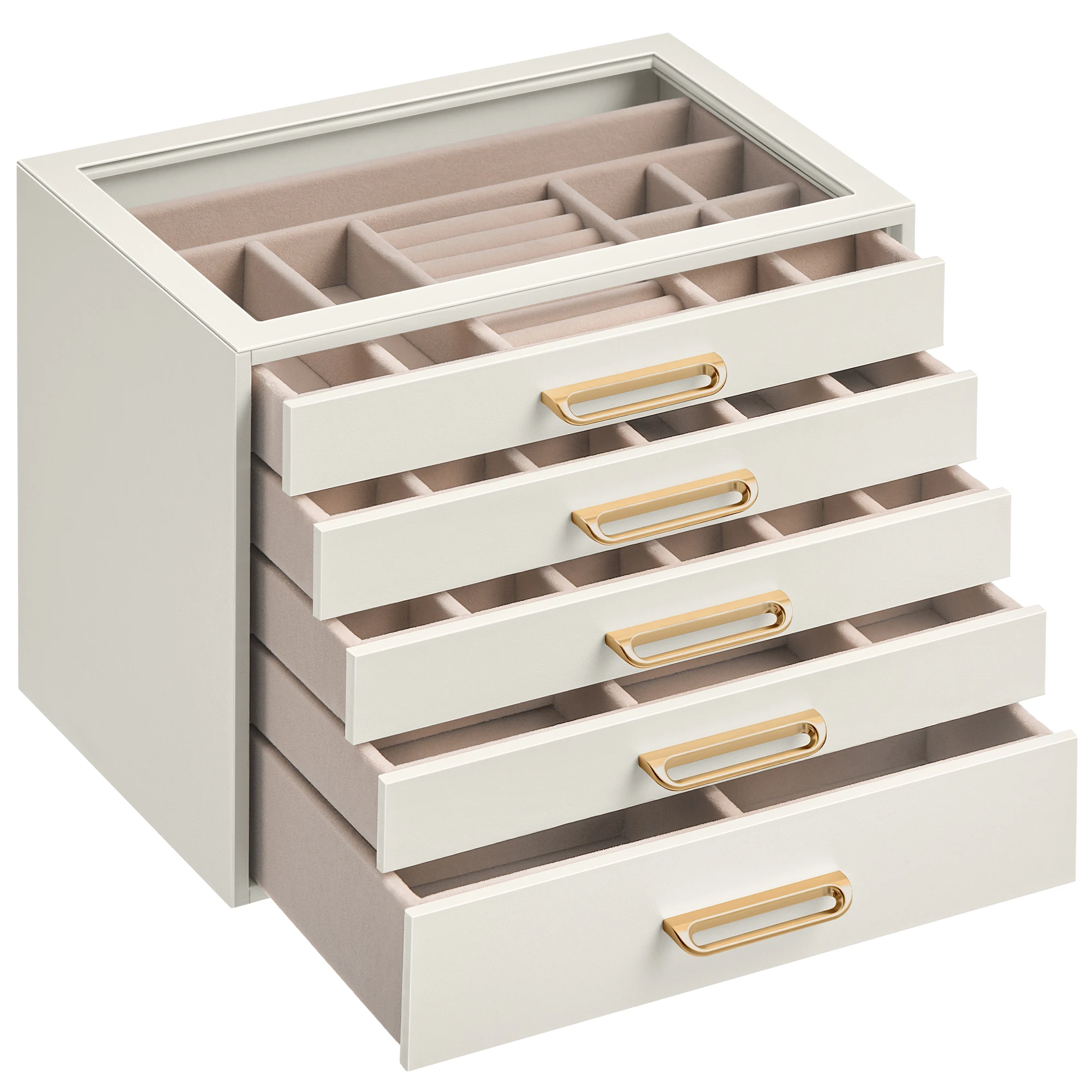 SONGMICS Caja de Joyas, Organizador de Joyería de 5 Niveles con Ventana de Vidrio, 5 Cajones, Gran Capacidad, Moderna, Tiradores Dorados, Idea de Regalo, 17,2 x 24 x 18,4 cm, Blanco Crema