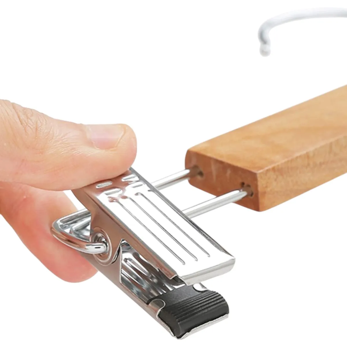 DISTRIBUX Wooden Hangers Set of 6 with 360° Rotating Hook and Adjustable Clips, strong and durable for pants, skirts, and jeans, perfect wardrobe organizer for space-saving storage. #7