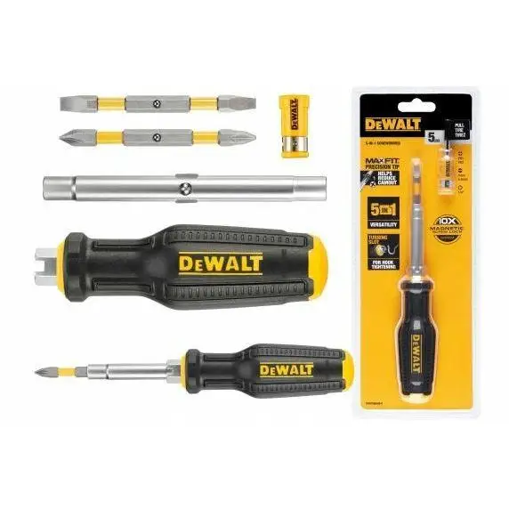 Destornillador multifunción DeWalt DWHT66569-0, 6 en 1, uso principal en aplicaciones de atornillado, incluye PH1, PH2, PH3, ranura de 5,5 mm, 6 mm y 8 mm, diseño ergonómico y duradero.